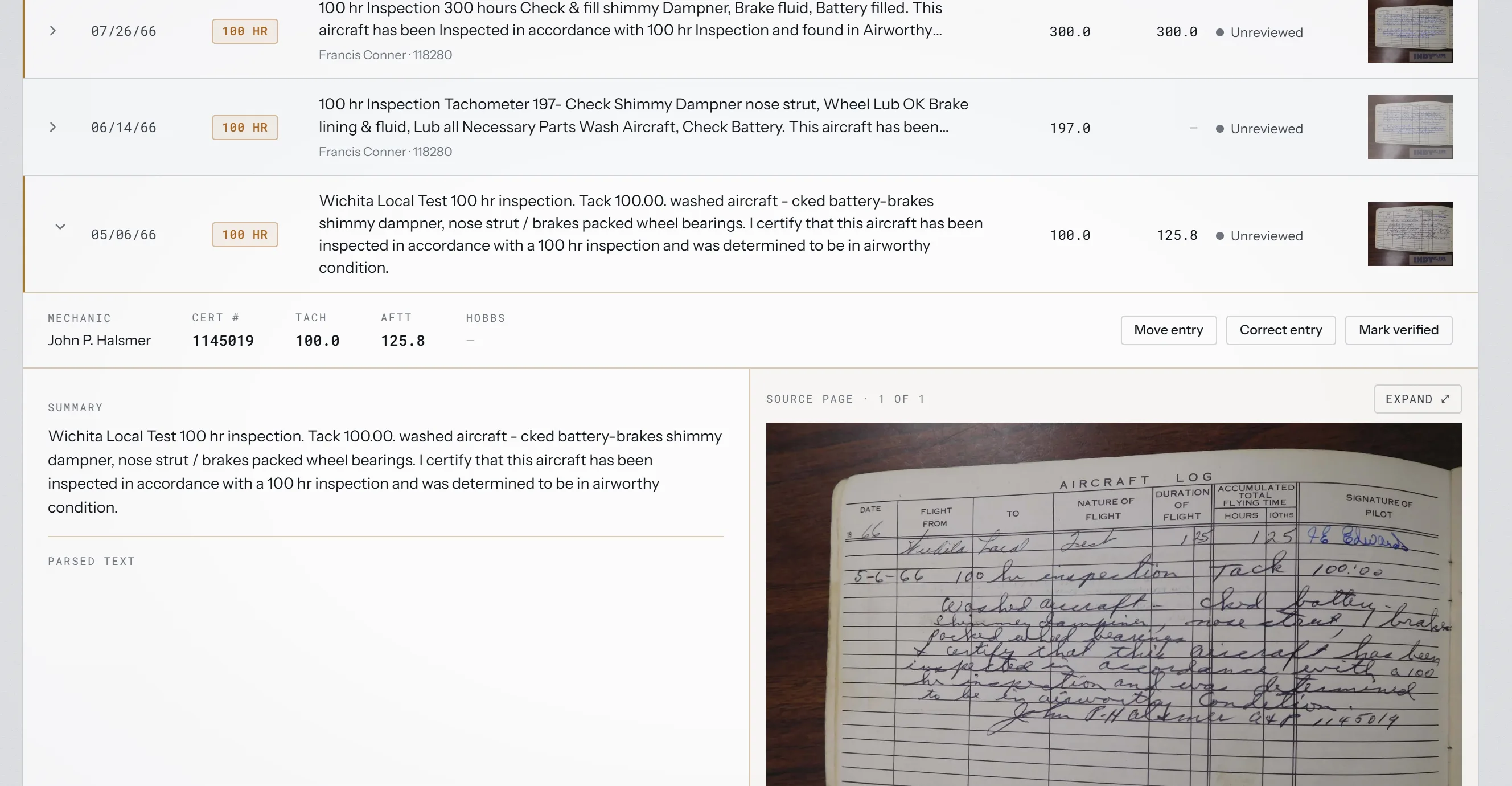 Aviation Intelligence entry viewer — structured data extracted from a 1966 handwritten logbook page shown side by side with the original scan